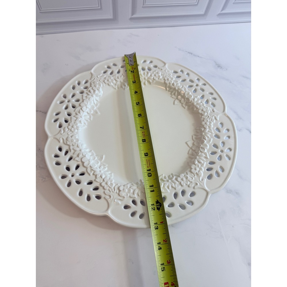 Portugal Reticulated Floral Relief Scalloped Edge 13" Round Platter - Picture 3 of 4